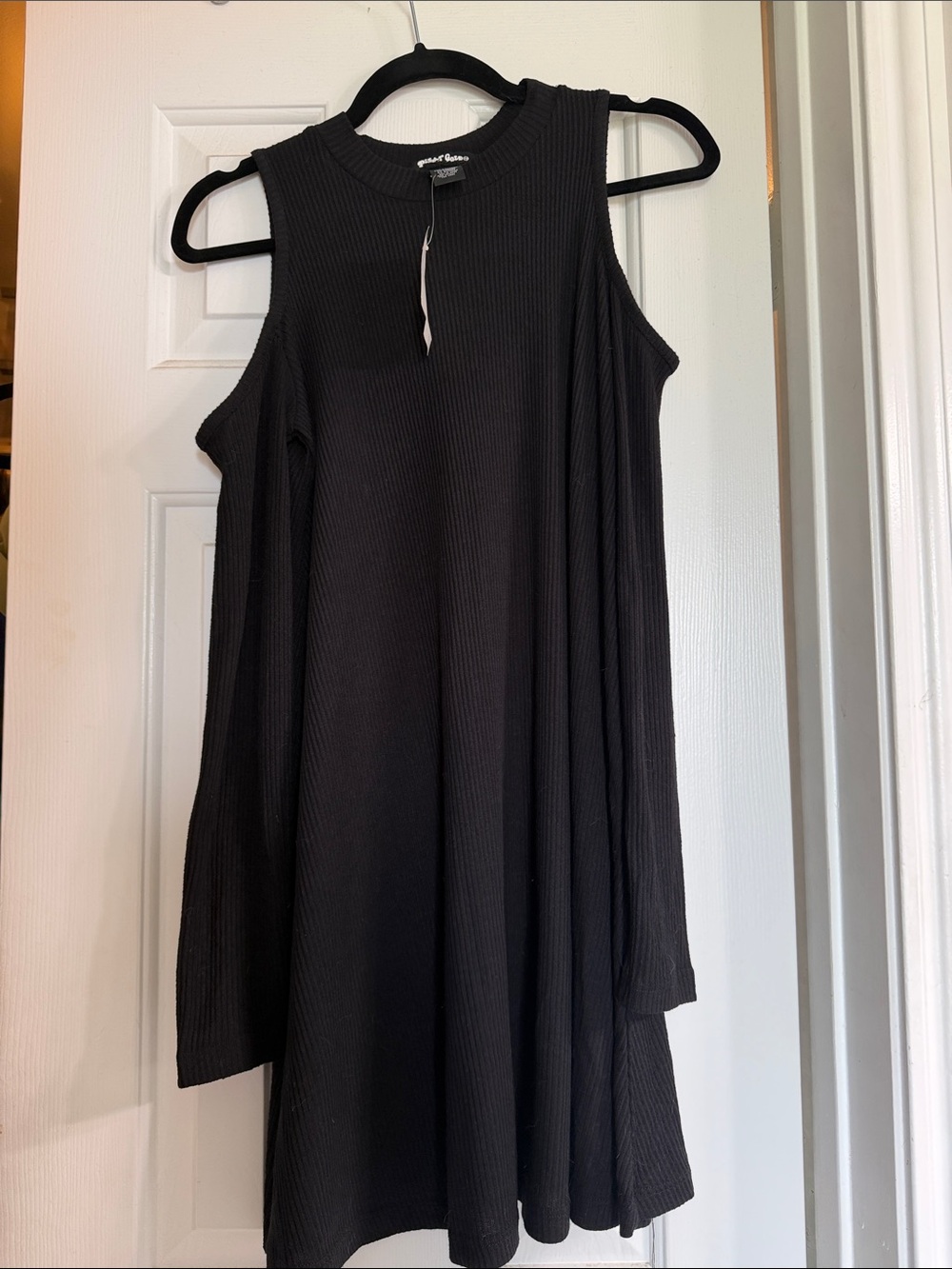 Planet Gold Black Ribbed Cold-Shoulder A-Line Dress